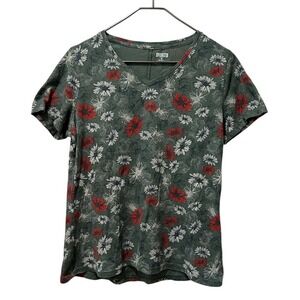 Duluth Trading Co Womens V Neck Floral T Shirt Green Red White Size Medium